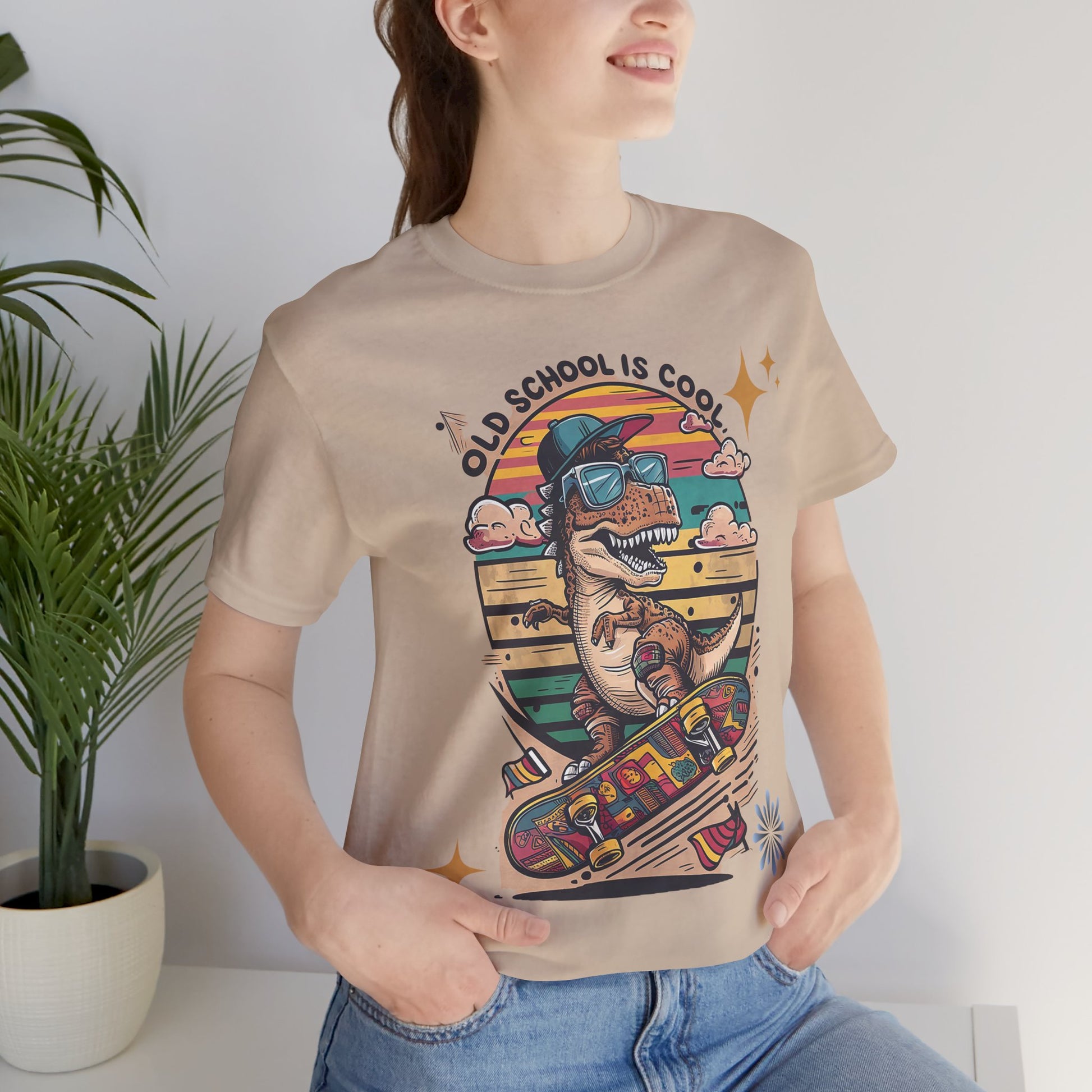 Retro Dinosaur Skateboard Tee - "Old School is Cool" Graphic Design