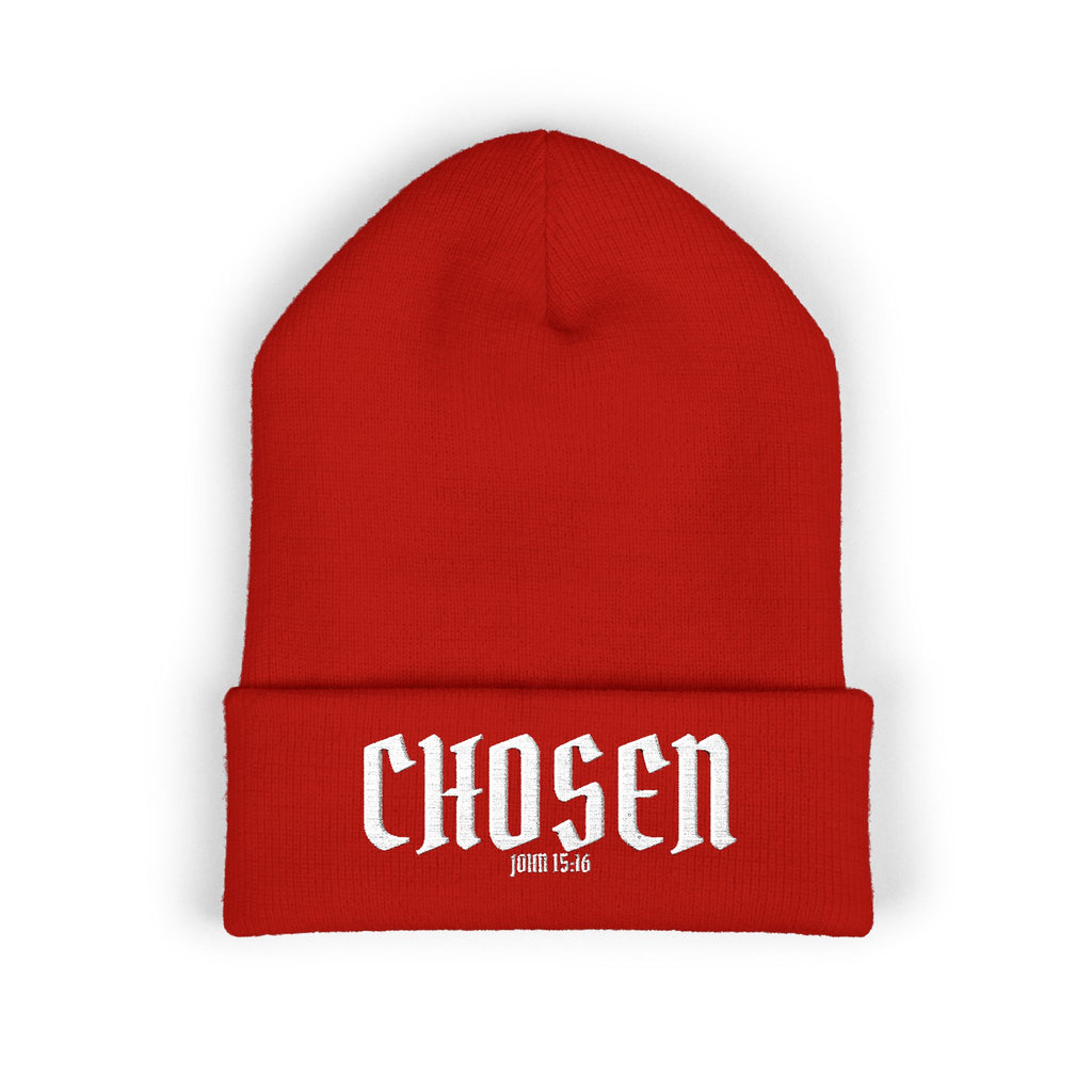Chosen Embroidered Cuffed Beanie — rRed Knit Winter Hat