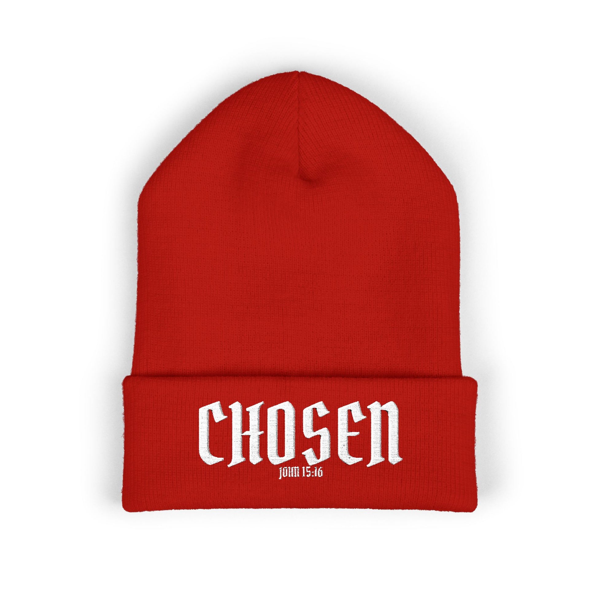 Chosen Embroidered Cuffed Beanie — rRed Knit Winter Hat