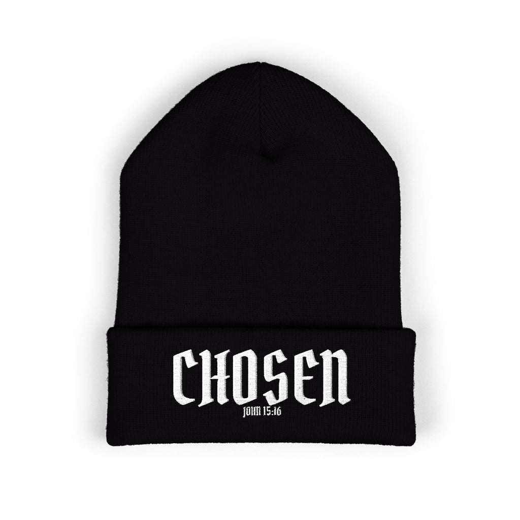 Chosen Embroidered Cuffed Beanie — Black Knit Winter Hat