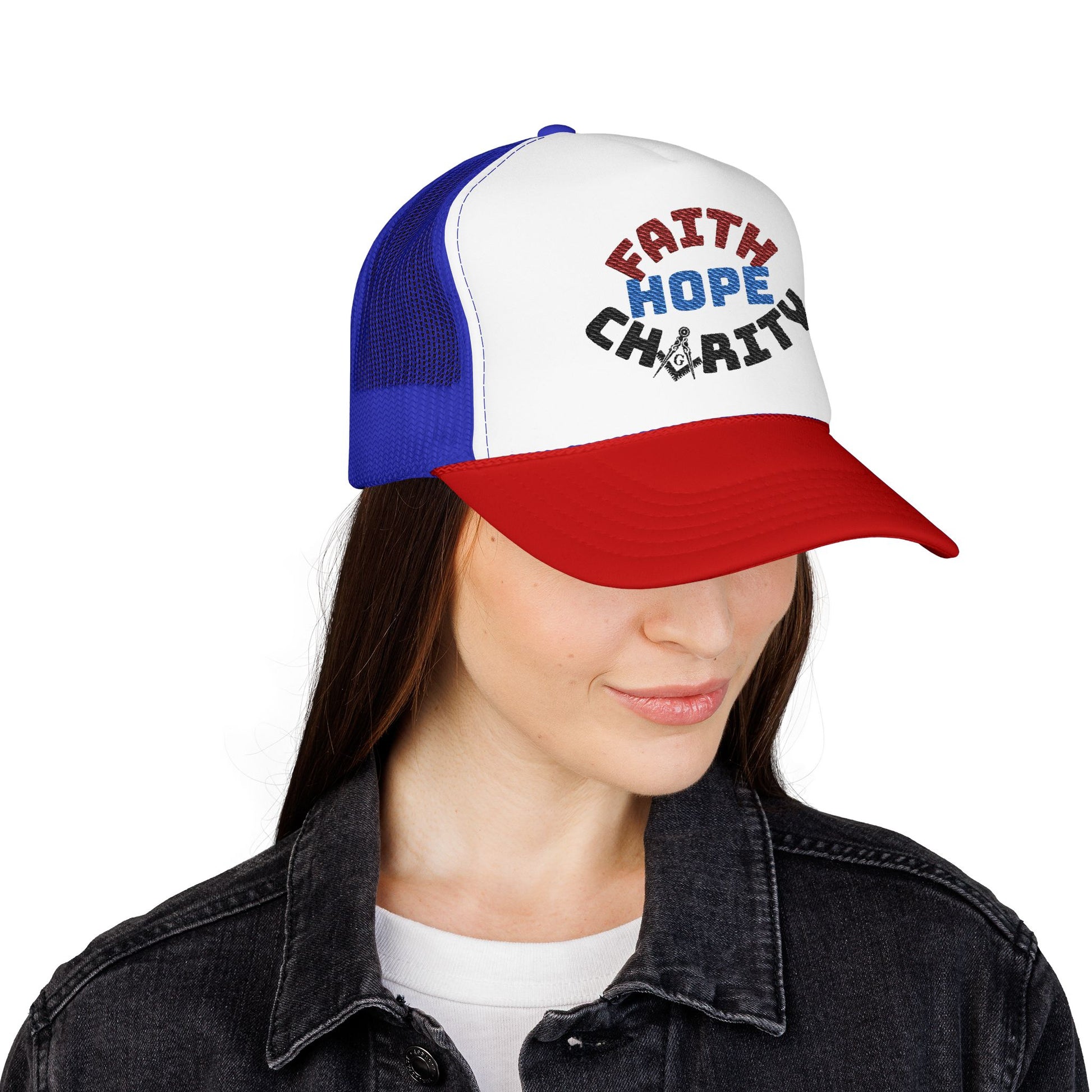 Faith Hope Charity Foam Trucker Hat - Inspirational Patriotic Mesh Cap
