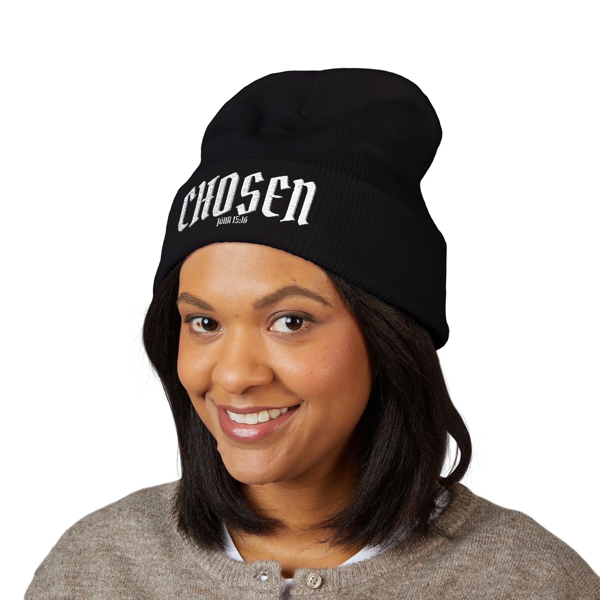 Chosen Embroidered Cuffed Beanie — Black Knit Winter Hat