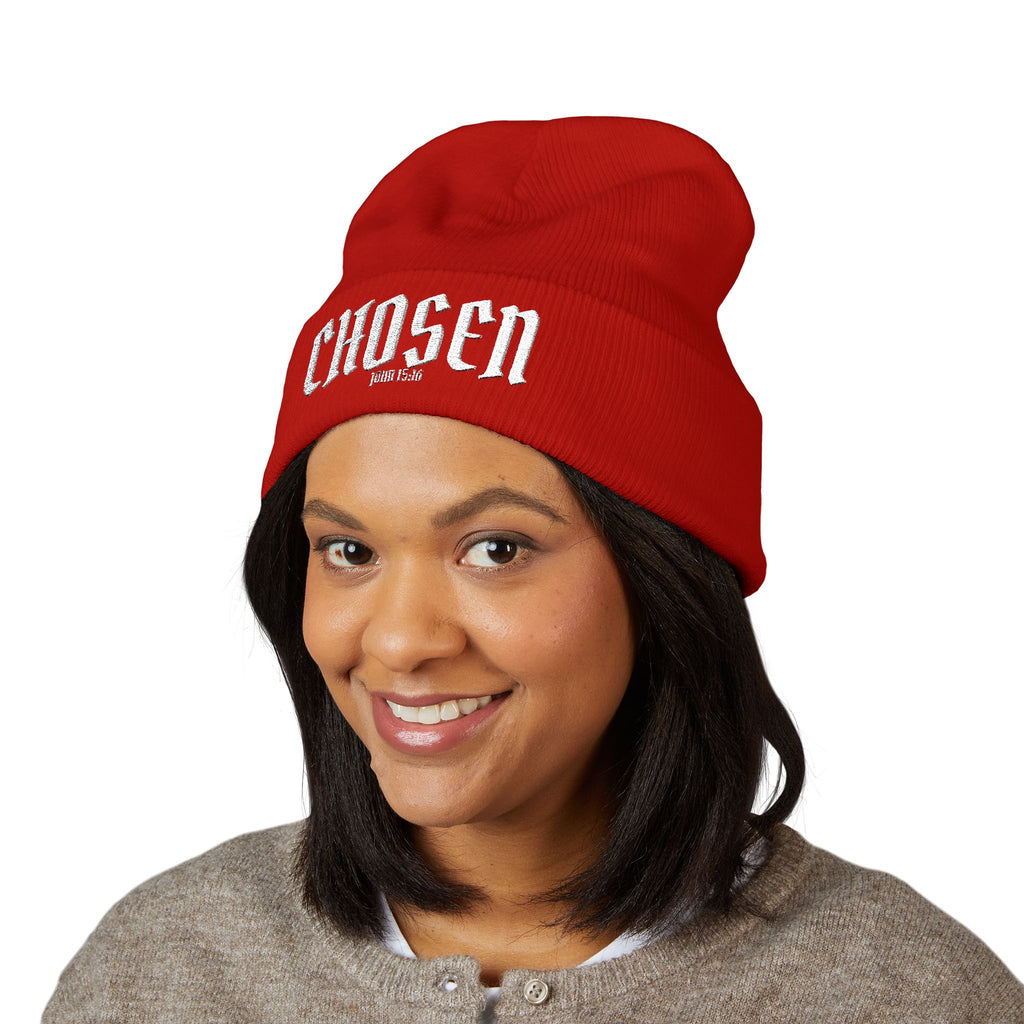 Chosen Embroidered Cuffed Beanie — rRed Knit Winter Hat